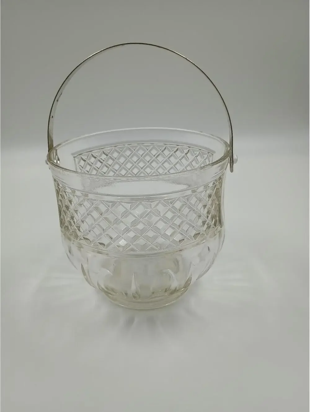 Vintage Clear Pressed Glass Ice Bucket Diamond Hammered Metal Handle Barware